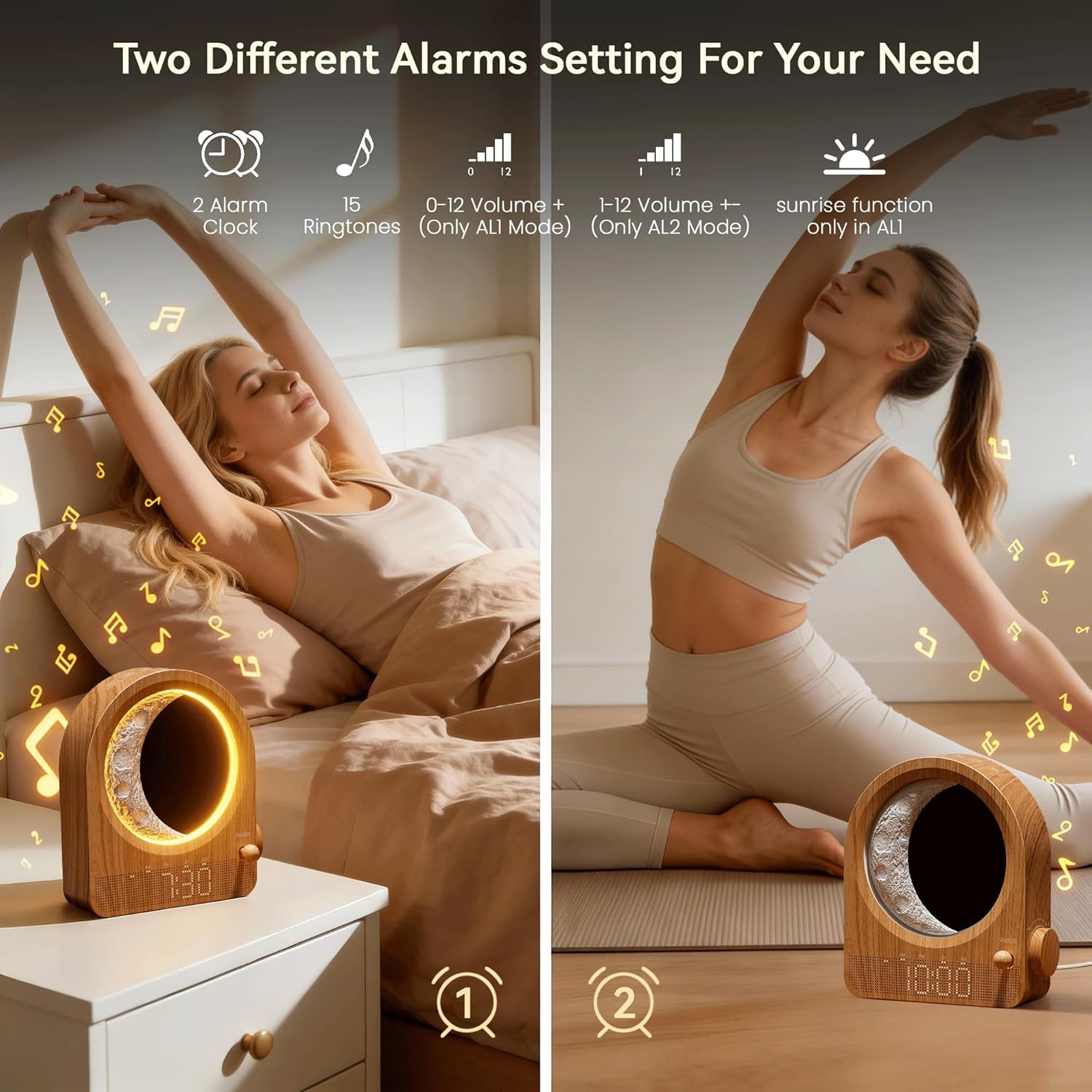 Relojes Despertadores con Amanecer y Lámpara de Luna Regulable, 2 Relojes Despertadores con 12 Niveles de Volumen para Personas con Sueño Profundo, 10 Sonidos Naturales con Temporizador de 30/60/90 Minutos para Dormitorios, Regalos para Mujeres (Madera Marrón).