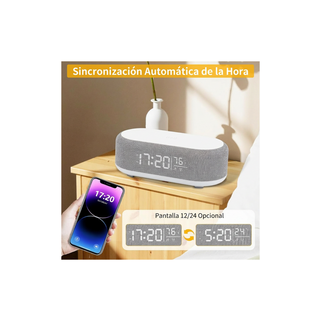 Reloj Despertador 4 en 1 con Carga Inalámbrica, Altavoz Inalámbrico, Luz Nocturna y Pantalla de Temperatura – Reloj Despertador Personalizado para Rutina de Sueño-Despertar para Dormilones (Gris)