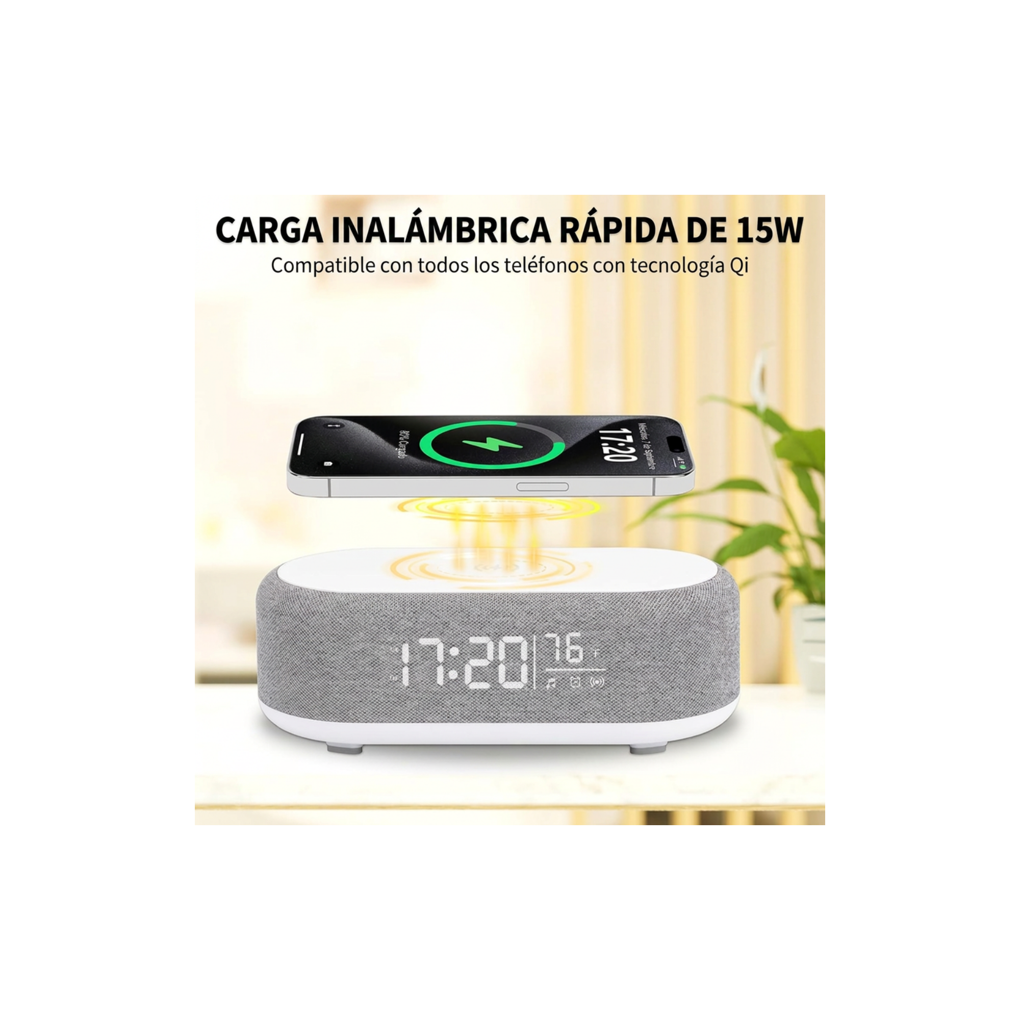 Reloj Despertador 4 en 1 con Carga Inalámbrica, Altavoz Inalámbrico, Luz Nocturna y Pantalla de Temperatura – Reloj Despertador Personalizado para Rutina de Sueño-Despertar para Dormilones (Gris)