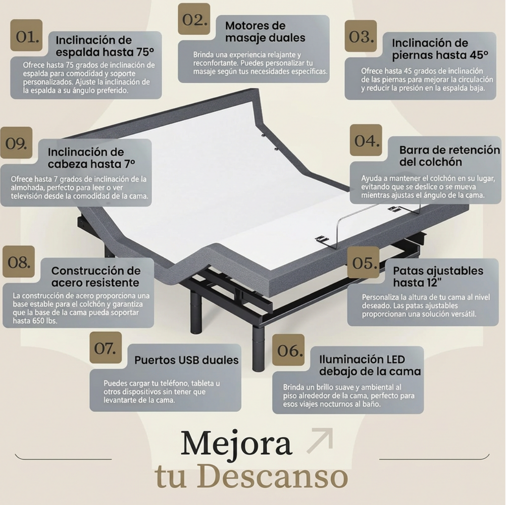 Base de Cama Ajustable Harmony, Elevación de Cabeza y Pie, Masaje, Luces Bajo la Cama, USB, Gel de Memoria, Marco Inteligente de Gravedad Cero - Queen + Colchón de Espuma Viscoelástica de 10 Pulgadas (Firme)