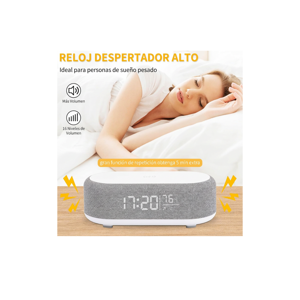 Reloj Despertador 4 en 1 con Carga Inalámbrica, Altavoz Inalámbrico, Luz Nocturna y Pantalla de Temperatura – Reloj Despertador Personalizado para Rutina de Sueño-Despertar para Dormilones (Gris)