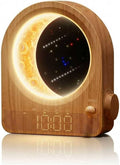 Relojes Despertadores con Amanecer y Lámpara de Luna Regulable, 2 Relojes Despertadores con 12 Niveles de Volumen para Personas con Sueño Profundo, 10 Sonidos Naturales con Temporizador de 30/60/90 Minutos para Dormitorios, Regalos para Mujeres (Madera Marrón).