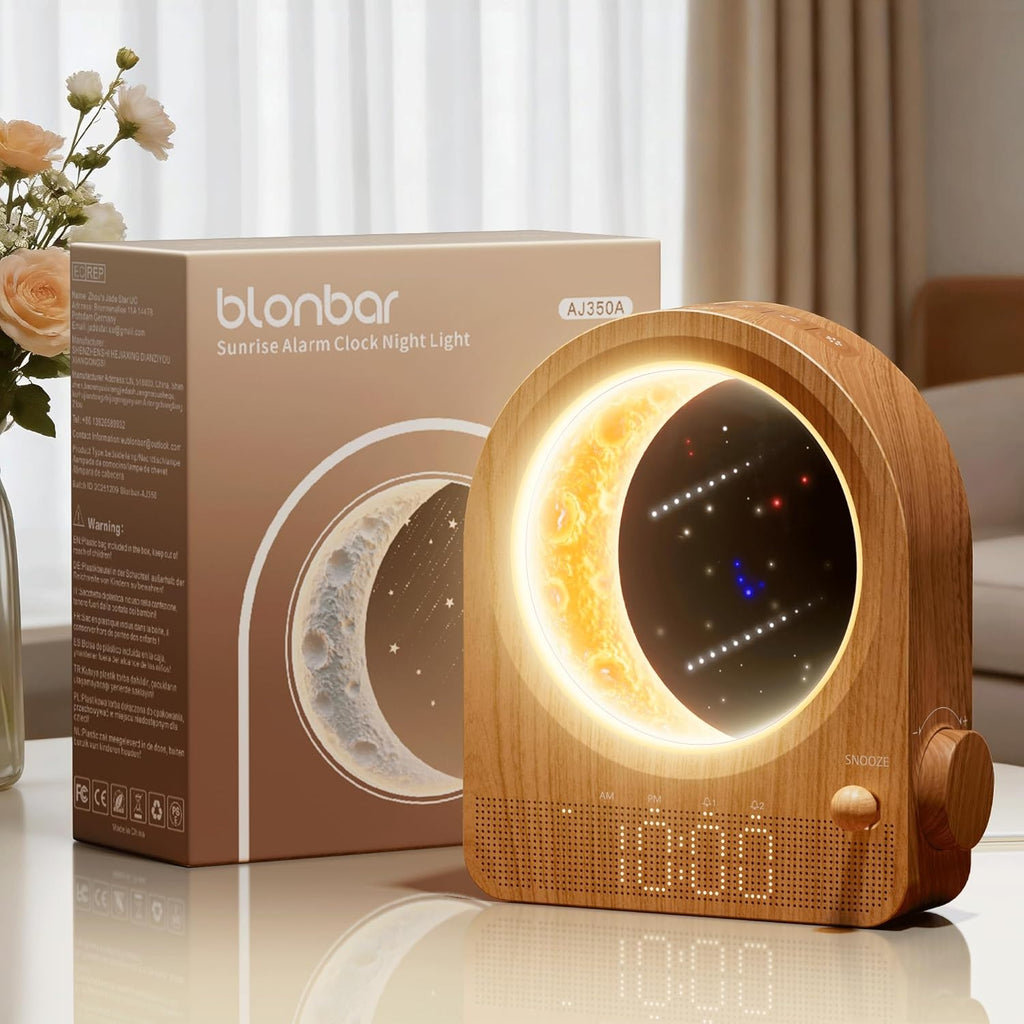 Relojes Despertadores con Amanecer y Lámpara de Luna Regulable, 2 Relojes Despertadores con 12 Niveles de Volumen para Personas con Sueño Profundo, 10 Sonidos Naturales con Temporizador de 30/60/90 Minutos para Dormitorios, Regalos para Mujeres (Madera Marrón).
