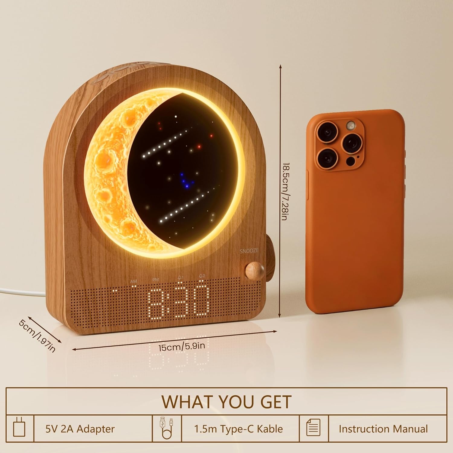 Relojes Despertadores con Amanecer y Lámpara de Luna Regulable, 2 Relojes Despertadores con 12 Niveles de Volumen para Personas con Sueño Profundo, 10 Sonidos Naturales con Temporizador de 30/60/90 Minutos para Dormitorios, Regalos para Mujeres (Madera Marrón).