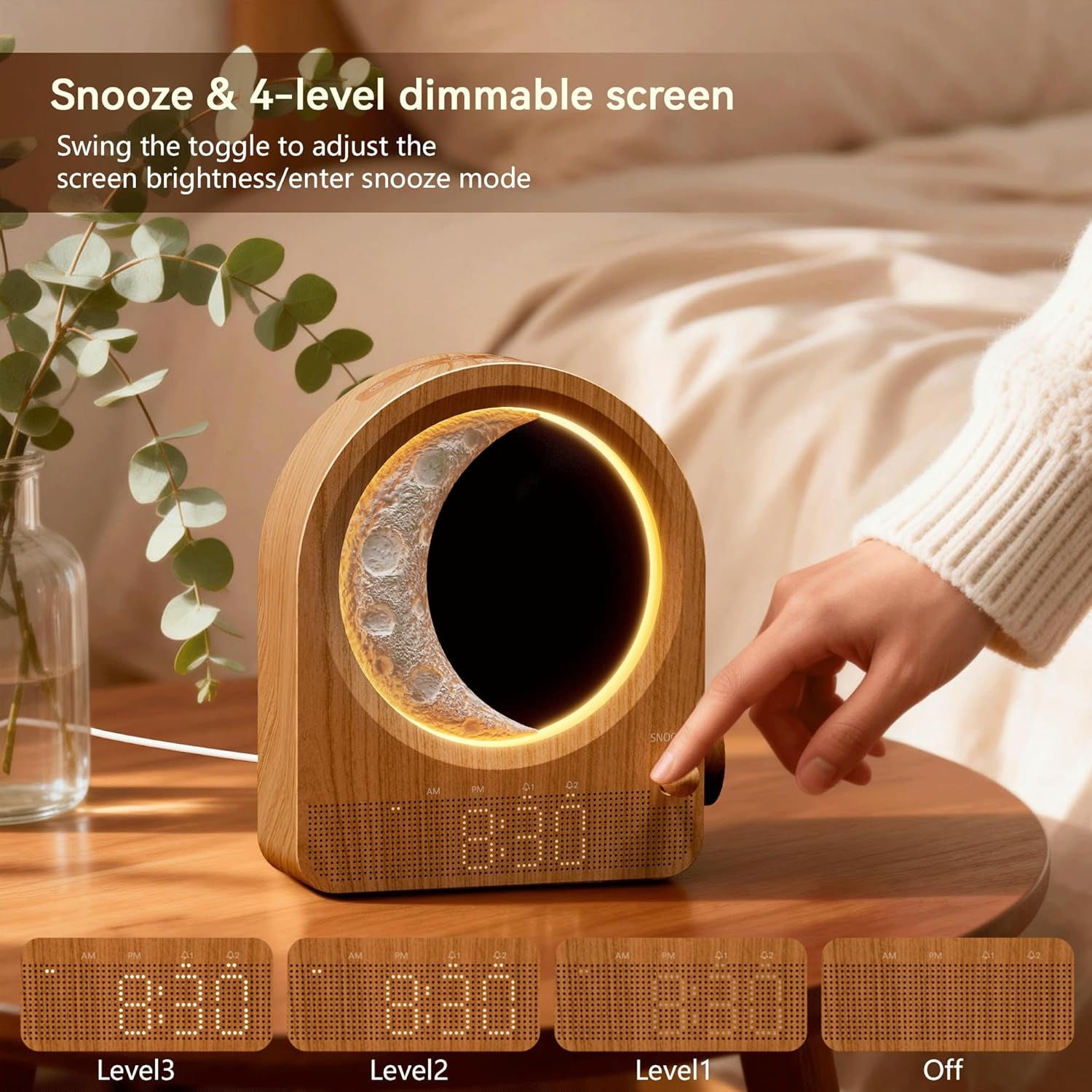 Relojes Despertadores con Amanecer y Lámpara de Luna Regulable, 2 Relojes Despertadores con 12 Niveles de Volumen para Personas con Sueño Profundo, 10 Sonidos Naturales con Temporizador de 30/60/90 Minutos para Dormitorios, Regalos para Mujeres (Madera Marrón).