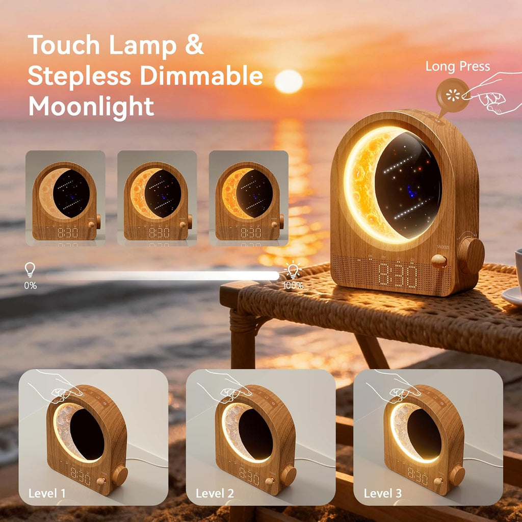 Relojes Despertadores con Amanecer y Lámpara de Luna Regulable, 2 Relojes Despertadores con 12 Niveles de Volumen para Personas con Sueño Profundo, 10 Sonidos Naturales con Temporizador de 30/60/90 Minutos para Dormitorios, Regalos para Mujeres (Madera Marrón).
