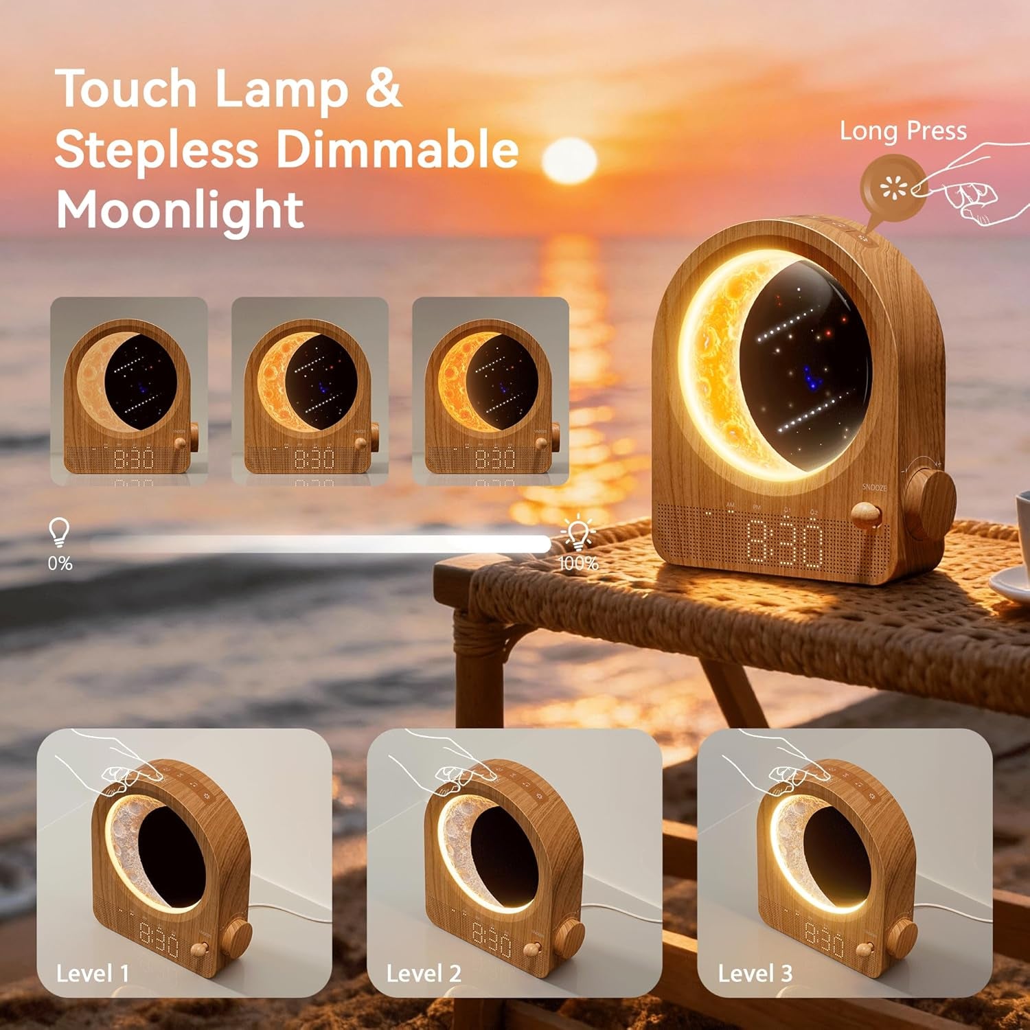 Relojes Despertadores con Amanecer y Lámpara de Luna Regulable, 2 Relojes Despertadores con 12 Niveles de Volumen para Personas con Sueño Profundo, 10 Sonidos Naturales con Temporizador de 30/60/90 Minutos para Dormitorios, Regalos para Mujeres (Madera Marrón).